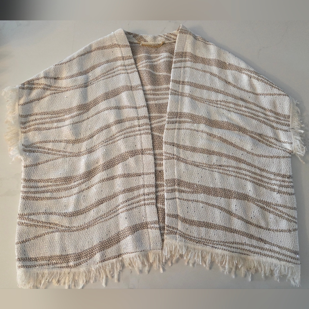 Wave Fringe Woven Neutral Tone Sequin Kimono Cardigan Shawl